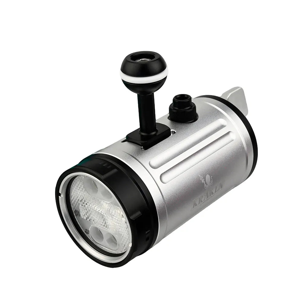 Kraken KR-S40 underwater strobe in silver with ball mount