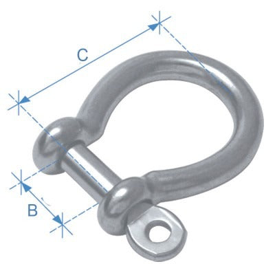 Lalizas omega anchor shackle in AISI 316 stainless steel with screw pin, dimension drawing