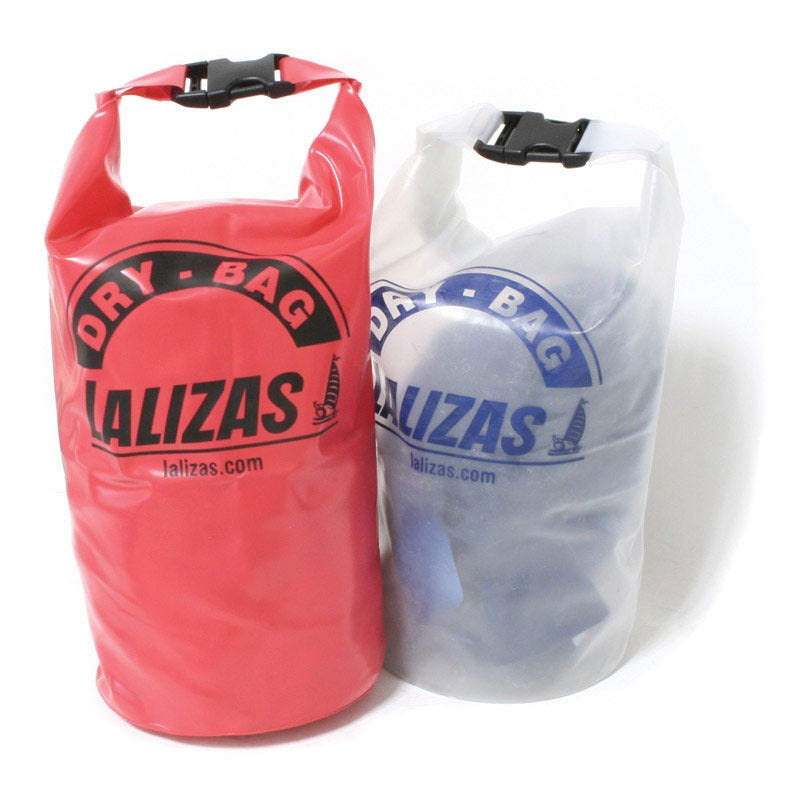 Lalizas PVC roll-top dry bags in red and clear with buckle closures