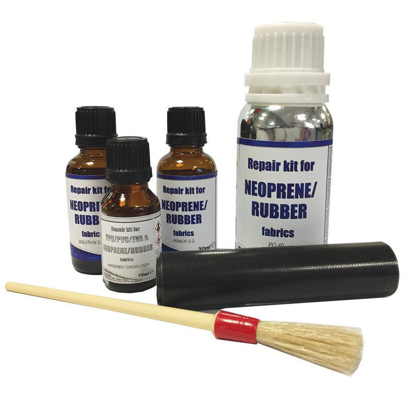 Lalizas Hercules repair kit for neoprene and rubber fabrics with glue, primer, hardener, cleaner, fabric roll and brush