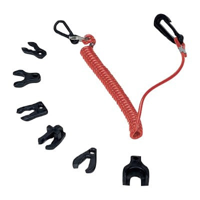 Lalizas set of seven black outboard kill switch keys shown with a red coiled lanyard