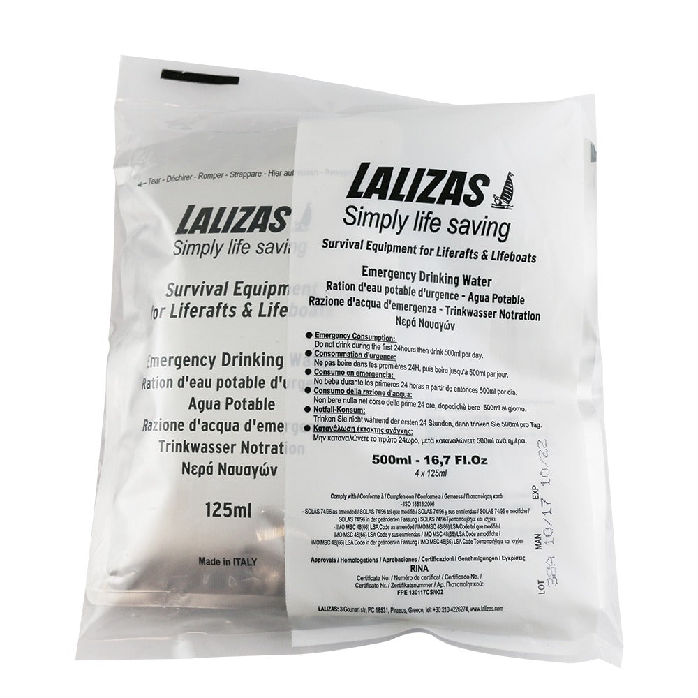 Lalizas emergency liferaft drinking water sachets, 125 ml each