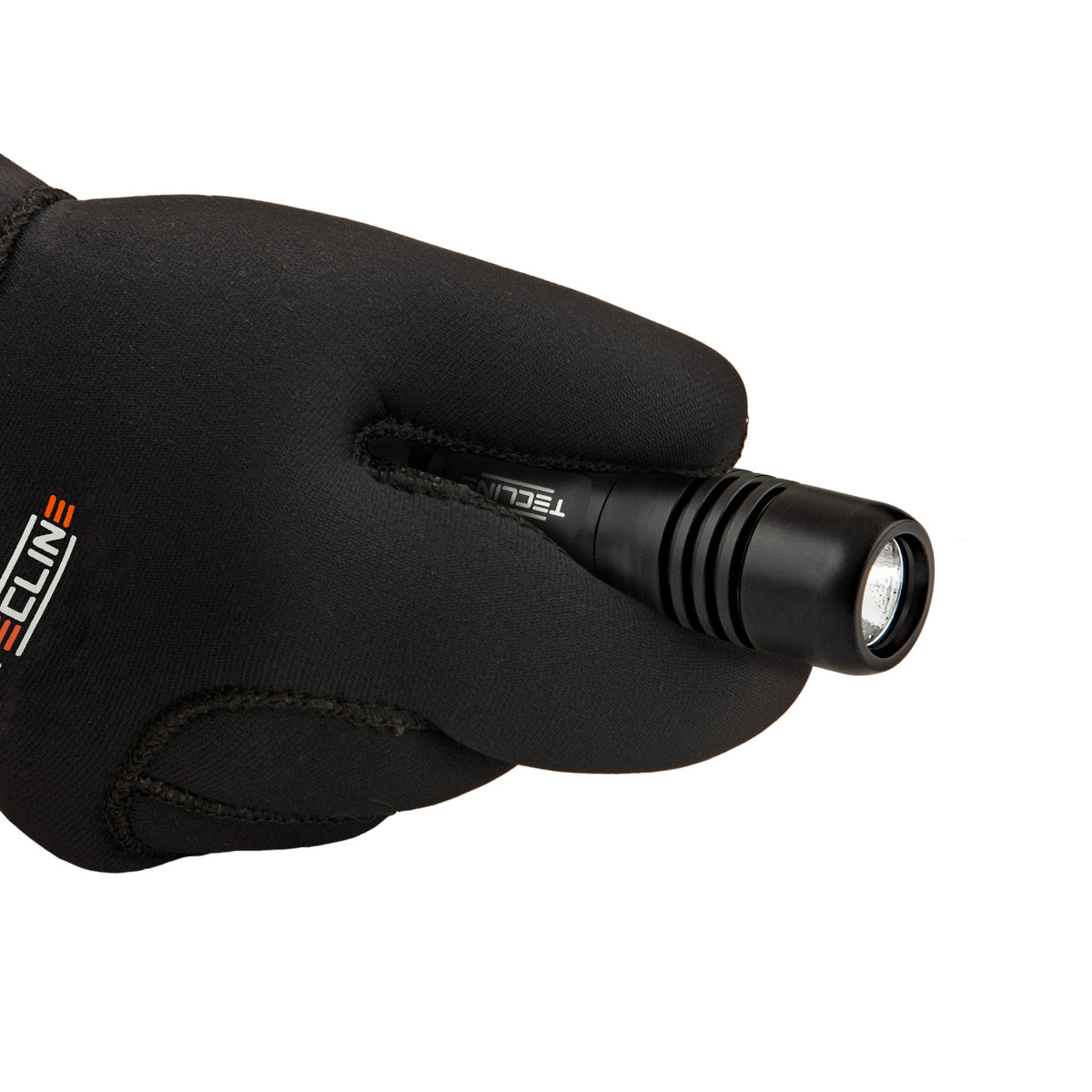 Tecline Mini LED dive light, three-quarter front view