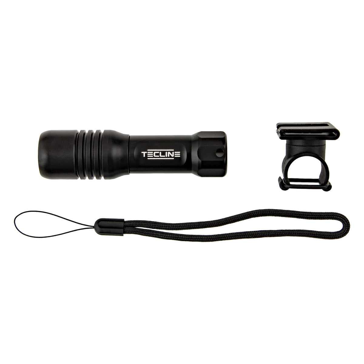 Tecline Mini LED dive light, three-quarter front view