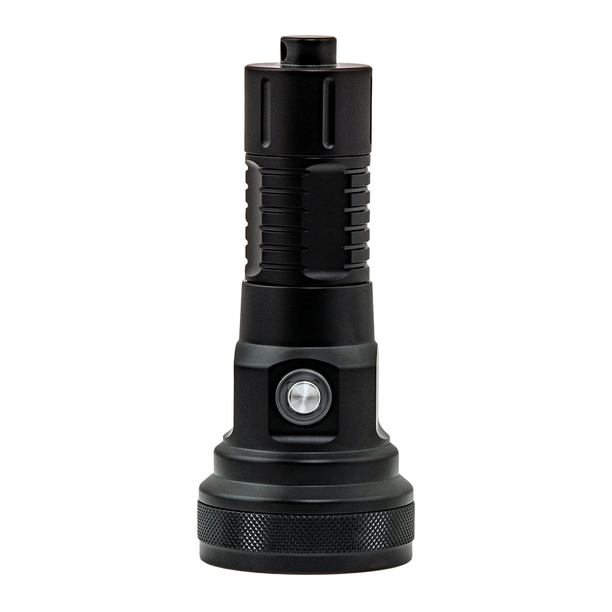 Tecline T2 dive light standing on end, showing the stainless push button