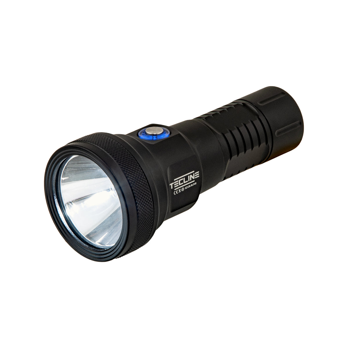 Tecline T2 LED dive light, three-quarter front view