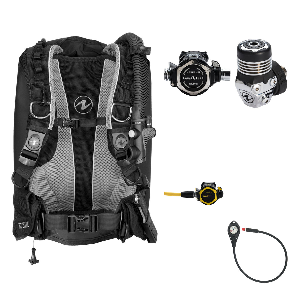 Aqua Lung Rogue BCD in black and grey, Leg3nd Elite regulator and AL50 pressure gauge, with the Leg3nd octopus