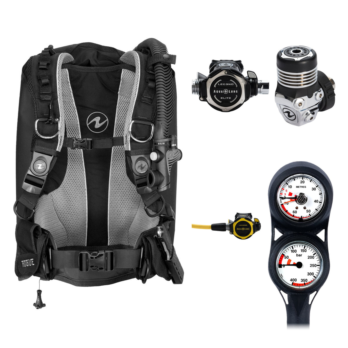 Aqua Lung Rogue BCD in black and grey, Leg3nd Elite regulator and two-gauge console, with the Leg3nd Octopus octopus