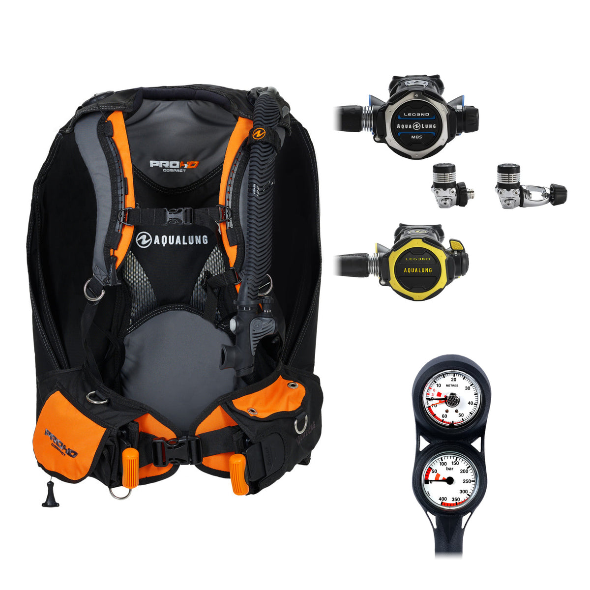 Aqua Lung Pro HD Compact BCD in black and orange, Leg3nd MBS regulator with the yellow Leg3nd octopus and two-gauge console