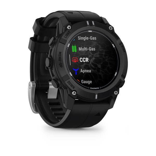 Garmin Descent G2 in black showing the dive mode list with single-gas, multi-gas, CCR, apnea and gauge