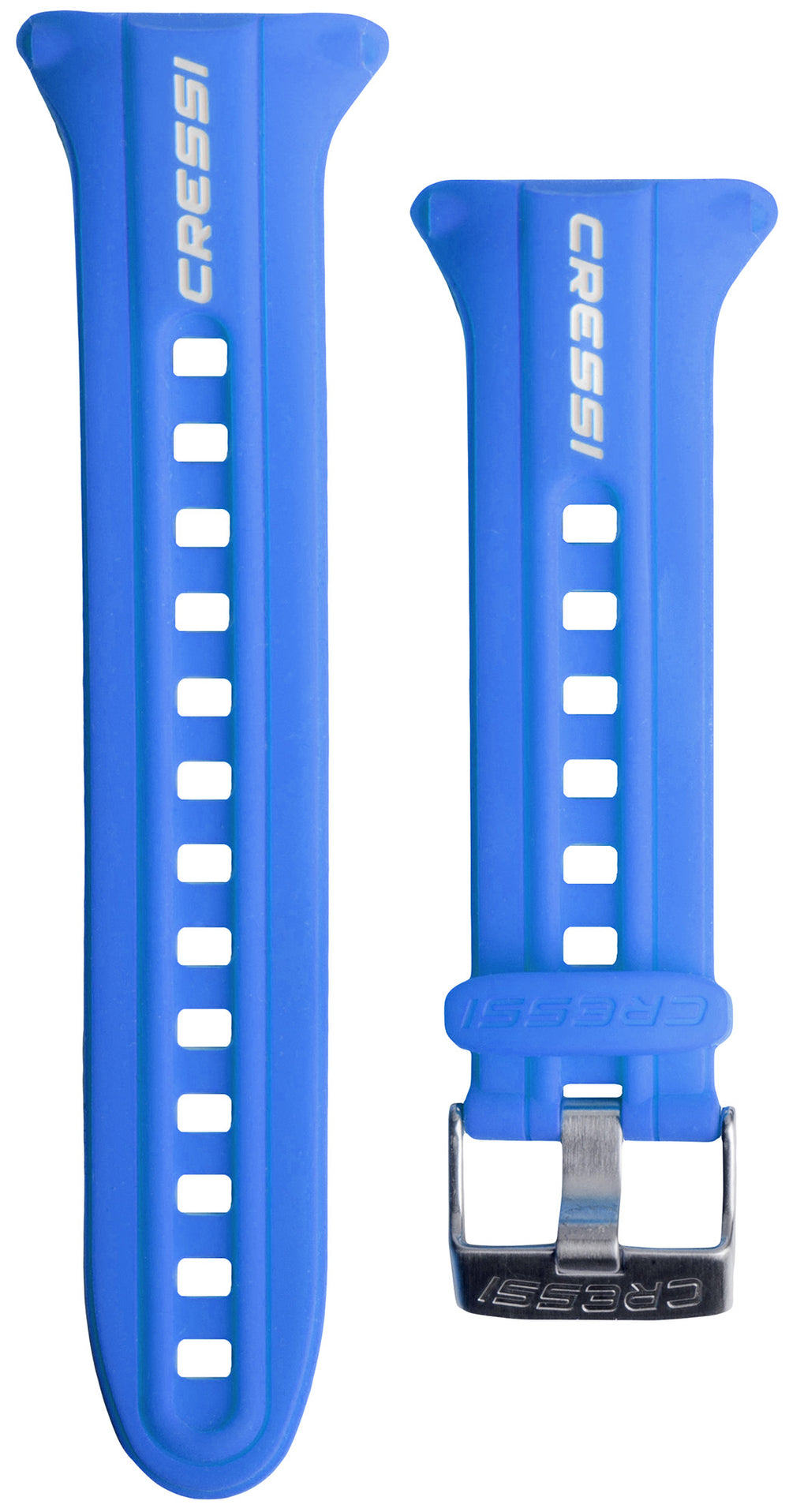 Blue silicone dive computer watchband standing upright, both strap halves