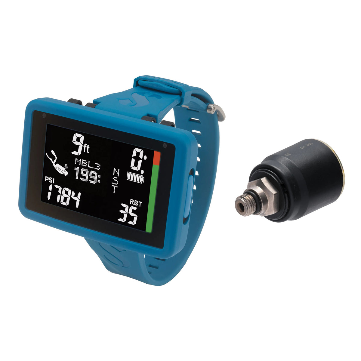 SCUBAPRO Luna 2.0 AI computer in blue with Smart+ Pro transmitter