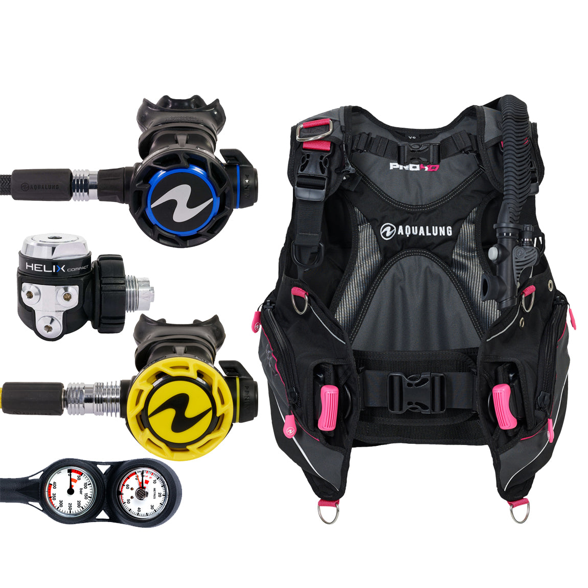 Component montage on white: the Aqua Lung Helix Compact regulator, the yellow Helix octopus and a twin-dial Combo 2K console, beside the Pro HD Women buoyancy compensator in black with pink trim.