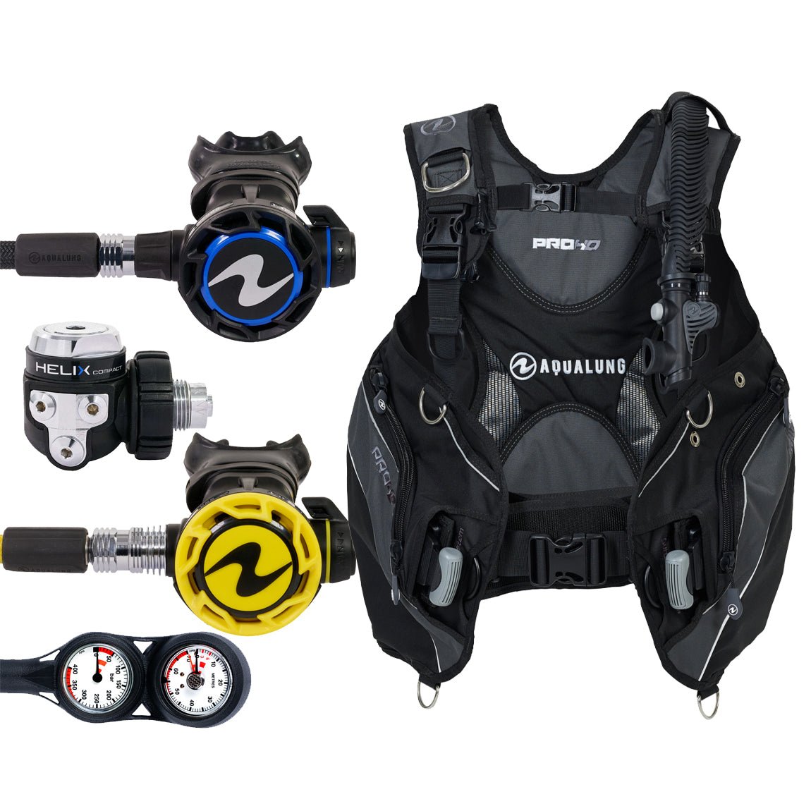 Component montage on white: the Aqua Lung Helix Compact regulator, the yellow Helix octopus and a twin-dial Combo 2K console, beside the Pro HD Men buoyancy compensator in black and grey.