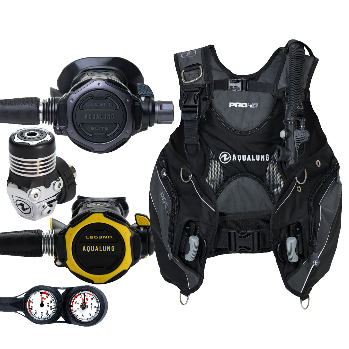 Component montage on white: the Aqua Lung Leg3nd Elite Black regulator, the yellow Leg3nd octopus and a twin-dial Combo 2K console, beside the Pro HD Men buoyancy compensator in black and grey.