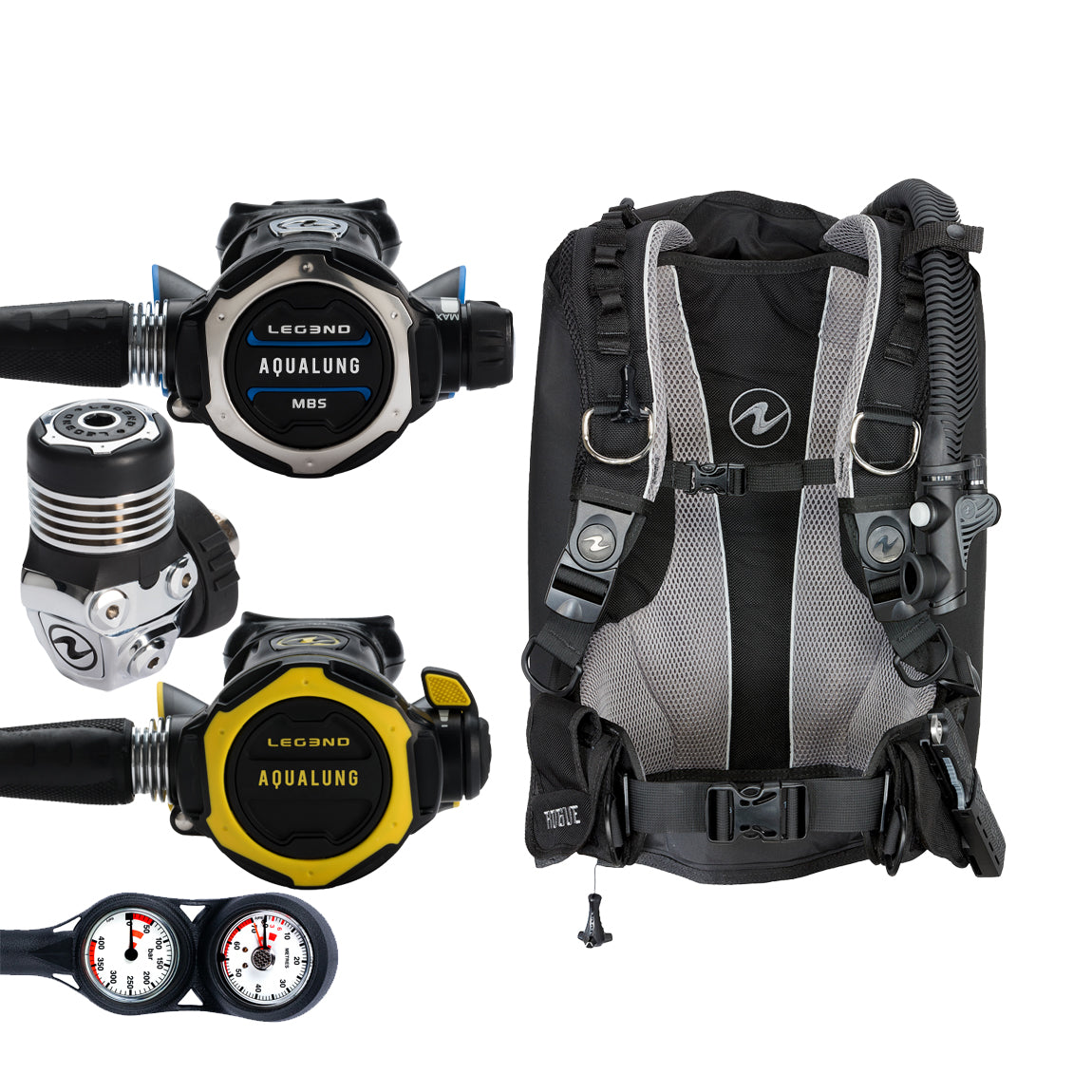 Component montage on white: the Aqua Lung Leg3nd MBS regulator, the yellow Leg3nd octopus and a twin-dial Combo 2K console, beside the Rogue buoyancy compensator in black with a grey backpad.