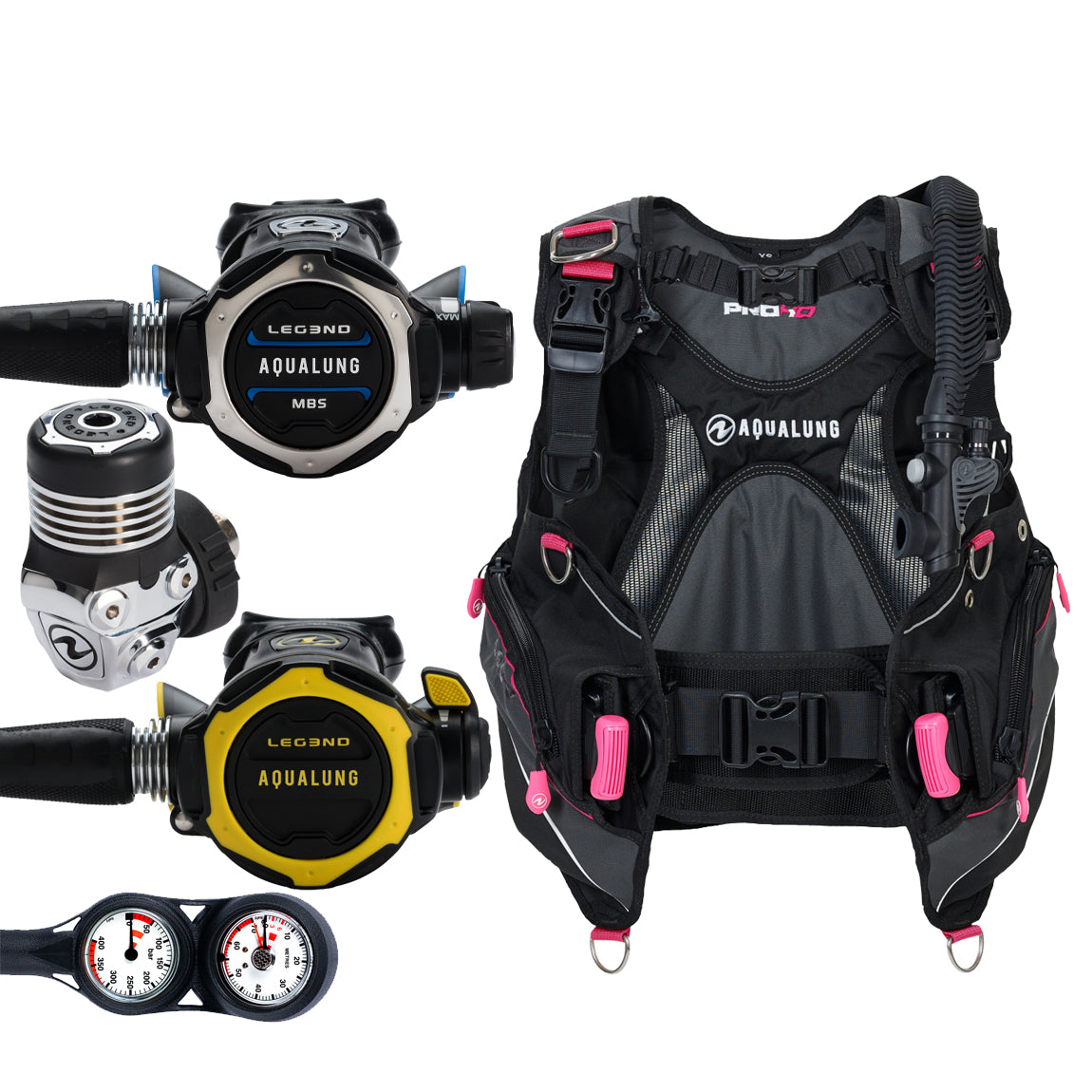 Component montage on white: the Aqua Lung Leg3nd MBS regulator, the yellow Leg3nd octopus and a twin-dial Combo 2K console, beside the Pro HD Women buoyancy compensator in black with pink trim.