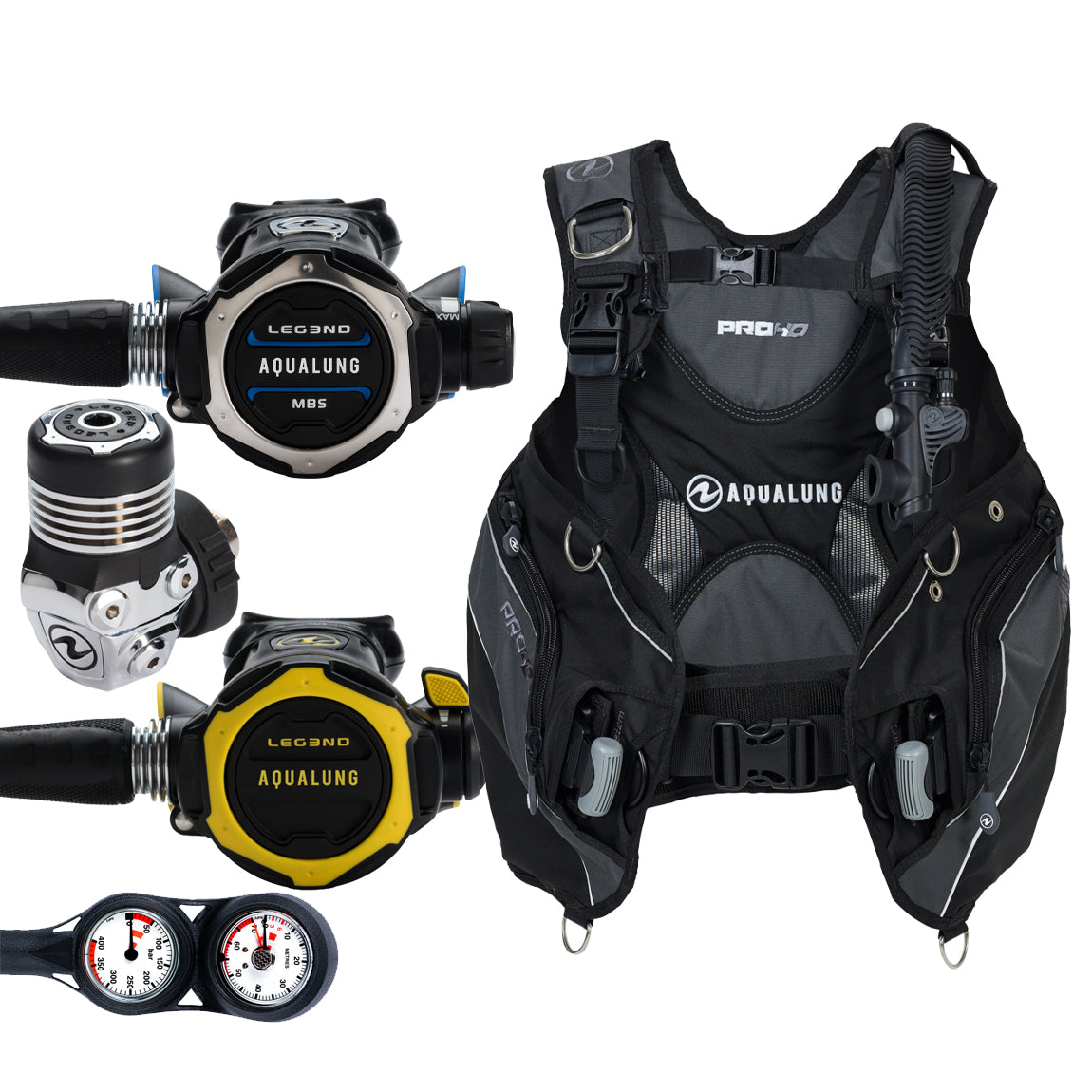 Component montage on white: the Aqua Lung Leg3nd MBS regulator, the yellow Leg3nd octopus and a twin-dial Combo 2K console, beside the Pro HD Men buoyancy compensator in black and grey.