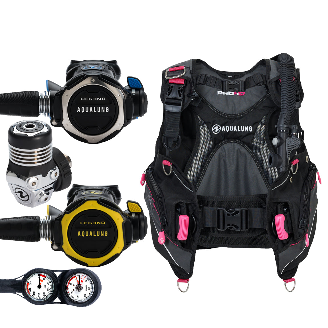 Component montage on white: the Aqua Lung Leg3nd regulator, the yellow Leg3nd octopus and a twin-dial Combo 2K console, beside the Pro HD Women buoyancy compensator in black with pink trim.
