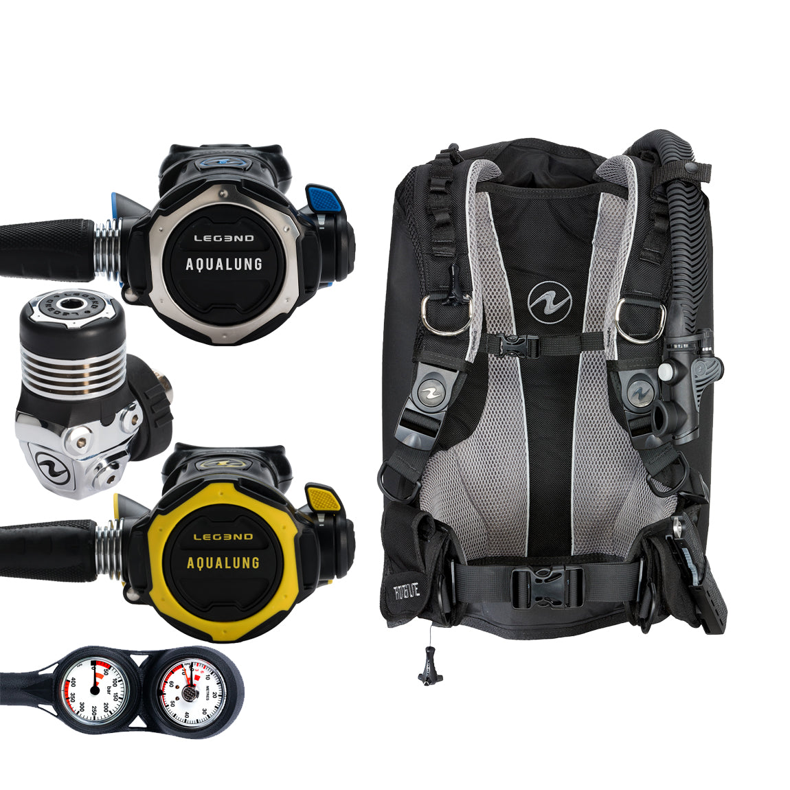 Component montage on white: the Aqua Lung Leg3nd regulator, the yellow Leg3nd octopus and a twin-dial Combo 2K console, beside the Rogue buoyancy compensator in black with a grey backpad.
