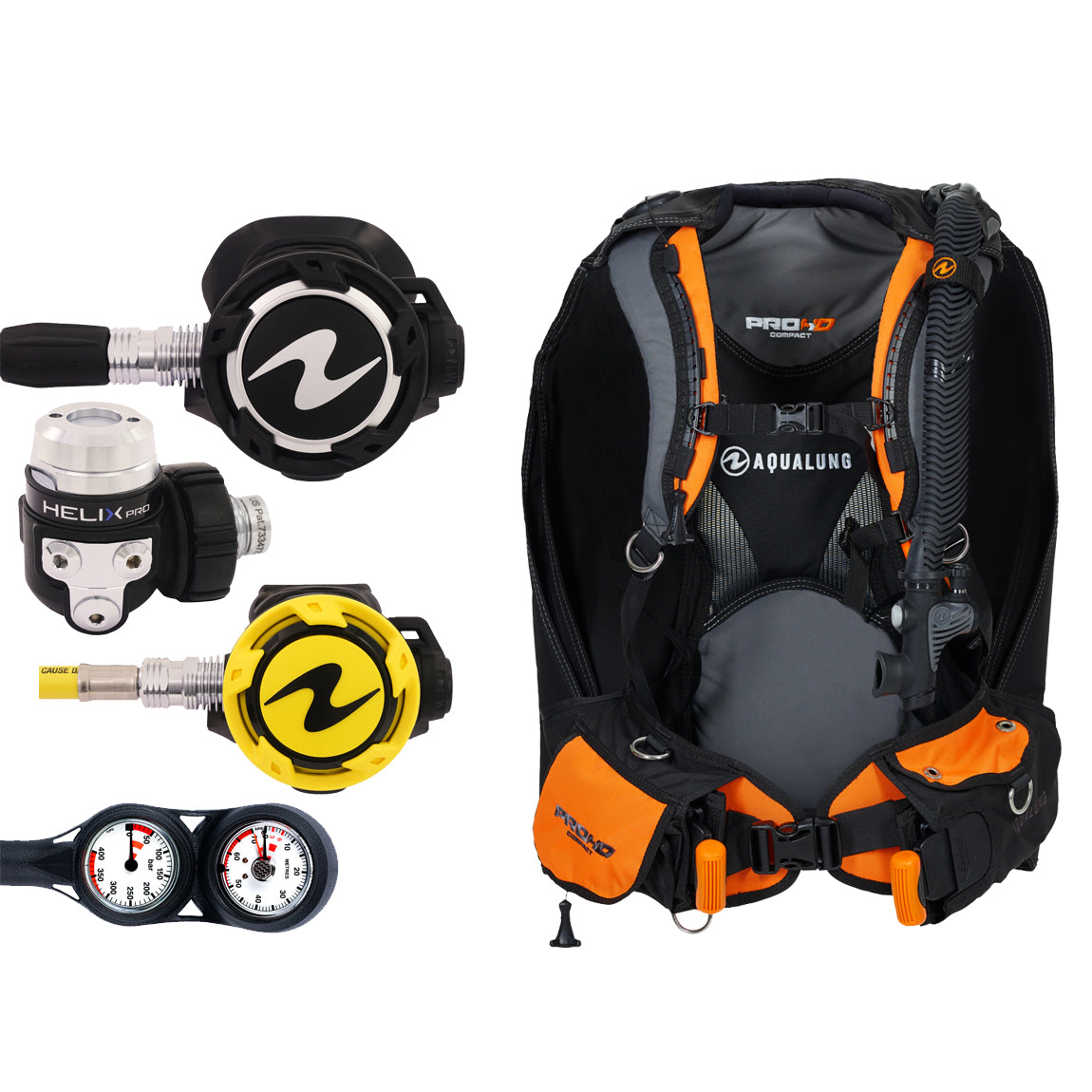 Component montage on white: the Aqua Lung Helix Pro regulator, the yellow Helix octopus and a twin-dial Combo 2K console, beside the Pro HD Compact buoyancy compensator in black and orange.