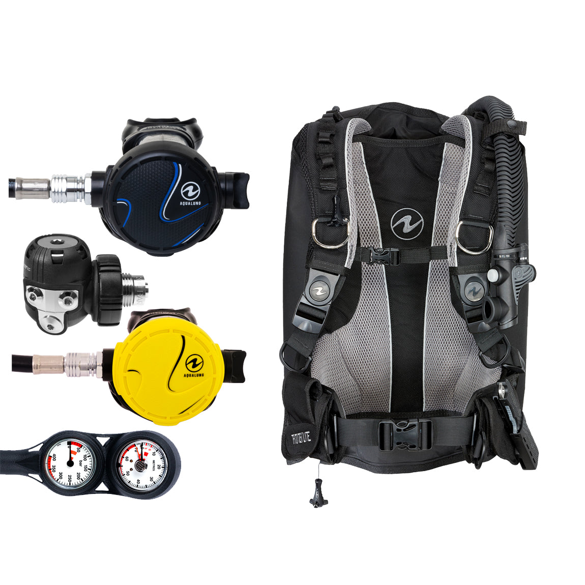 Component montage on white: the Aqua Lung Titan regulator, the yellow Titan octopus and a twin-dial Combo 2K console, beside the Rogue buoyancy compensator in black with a grey backpad.
