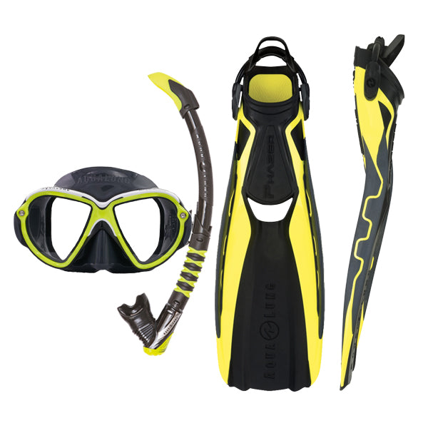 Component montage on white: Reveal Ultrafit mask in asphalt and yellow, Phazer fins in yellow and black and Zephyr Flex snorkel in black and lime.
