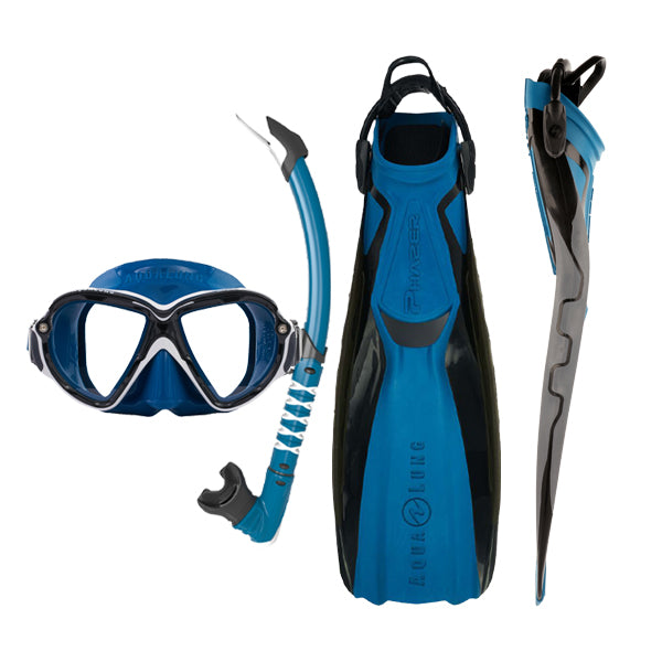 Component montage on white: Reveal Ultrafit mask in blue and white, Phazer fins in black and petrol and Zephyr Flex snorkel in petrol and white.