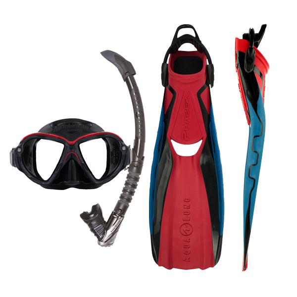 Component montage on white: Reveal Ultrafit mask in black and red, Phazer fins in black and red and Zephyr Flex snorkel in black.