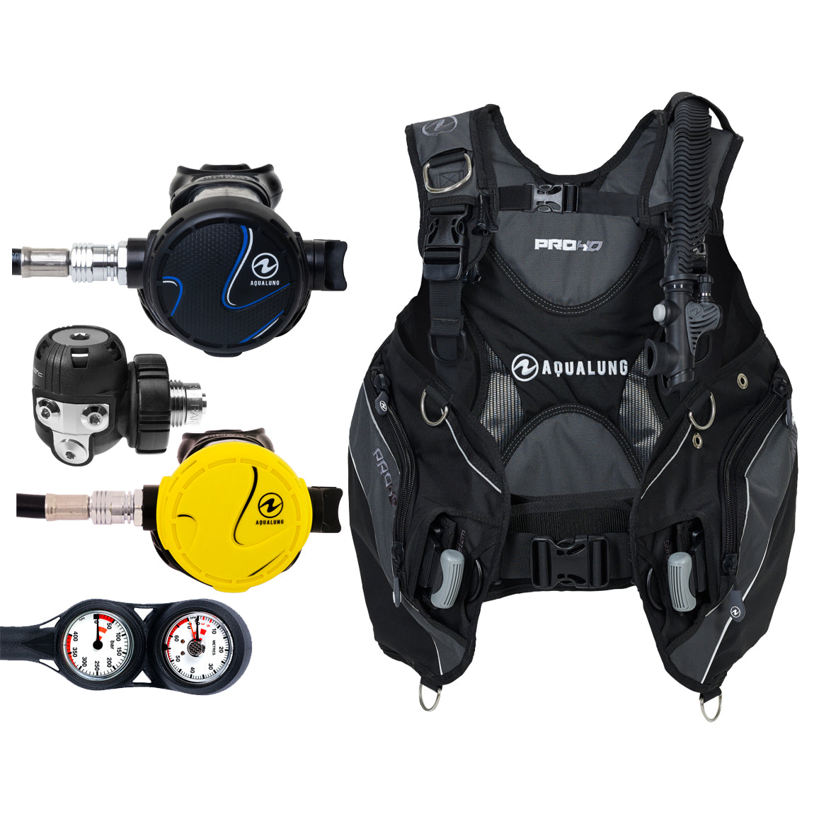 Component montage on white: the Aqua Lung Titan regulator, the yellow Titan octopus and a twin-dial Combo 2K console, beside the Pro HD Men buoyancy compensator in black and grey.