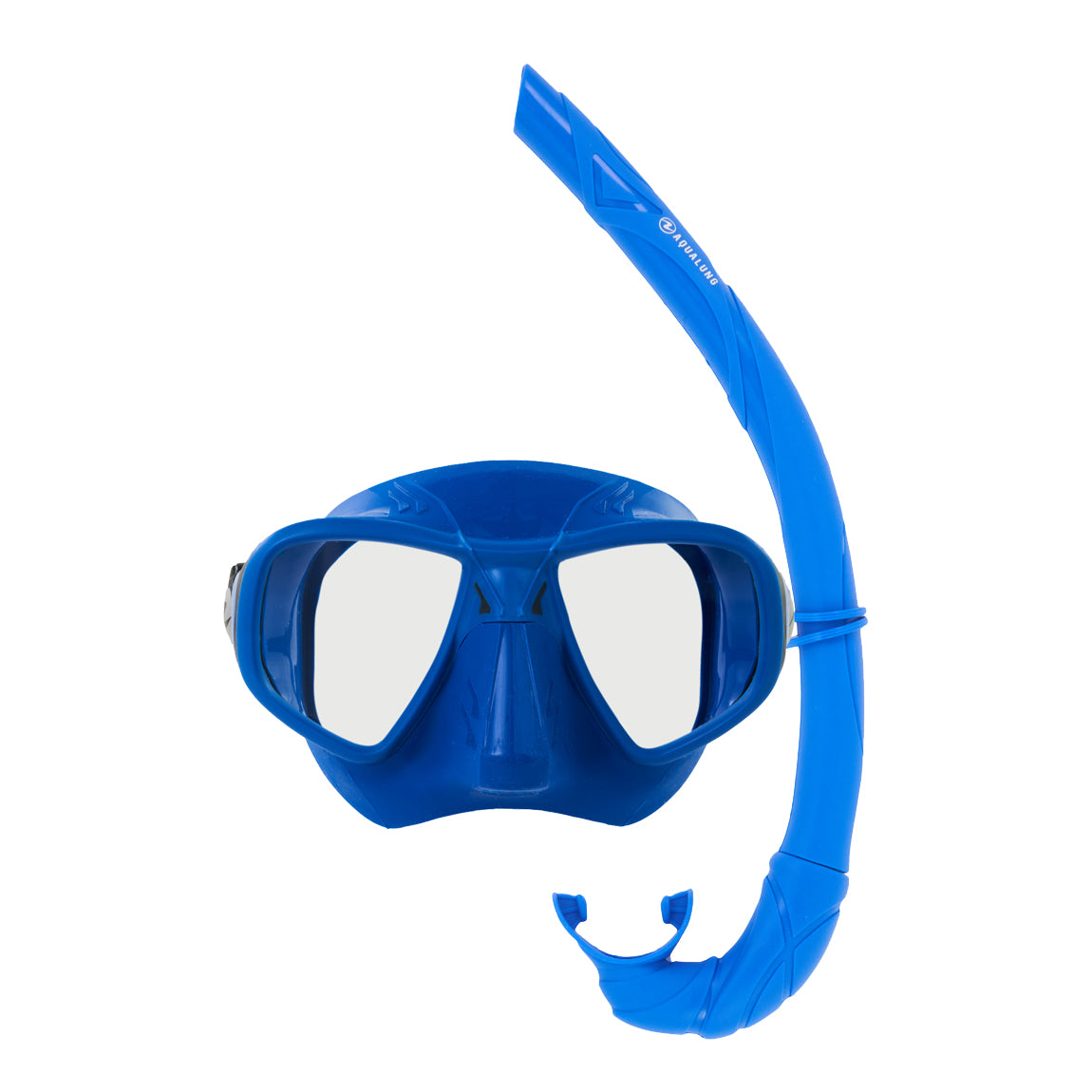 Component montage on white: Micromask X mask in blue and Wrap snorkel in blue.