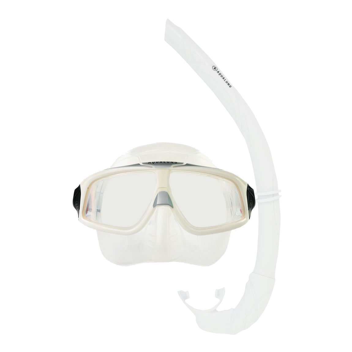 Component montage on white: Sphera X mask in white with a mirrored lens and Wrap snorkel in white.