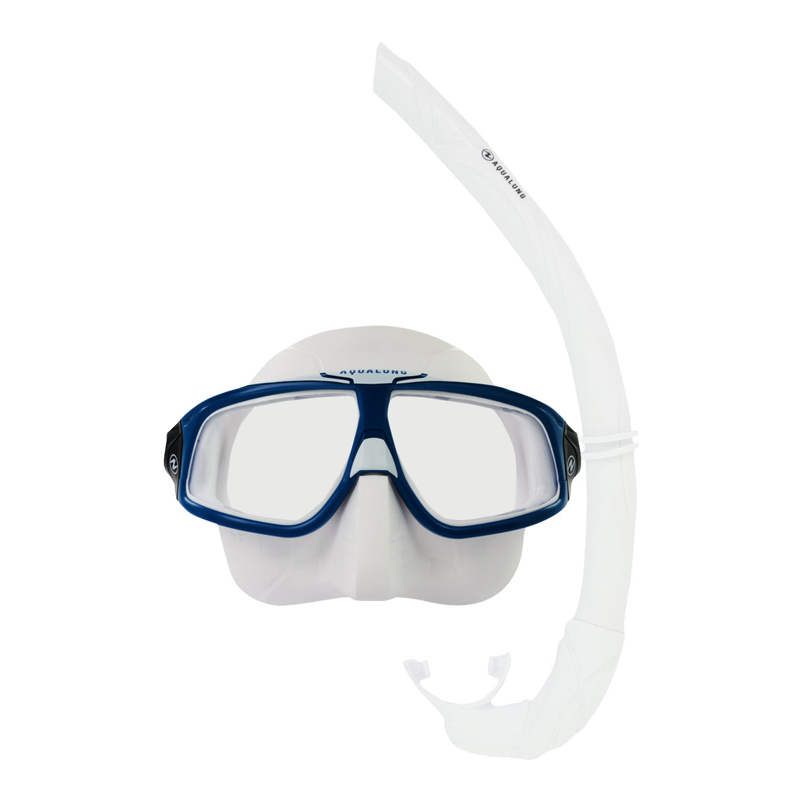 Component montage on white: Sphera X mask in white and petrol and Wrap snorkel in white.