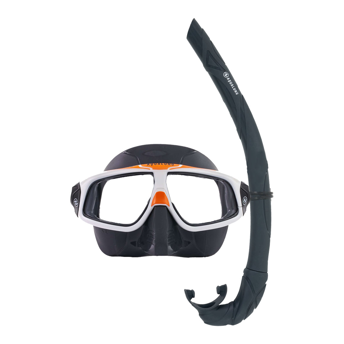 Component montage on white: Sphera X mask in asphalt and orange and Wrap snorkel in grey.