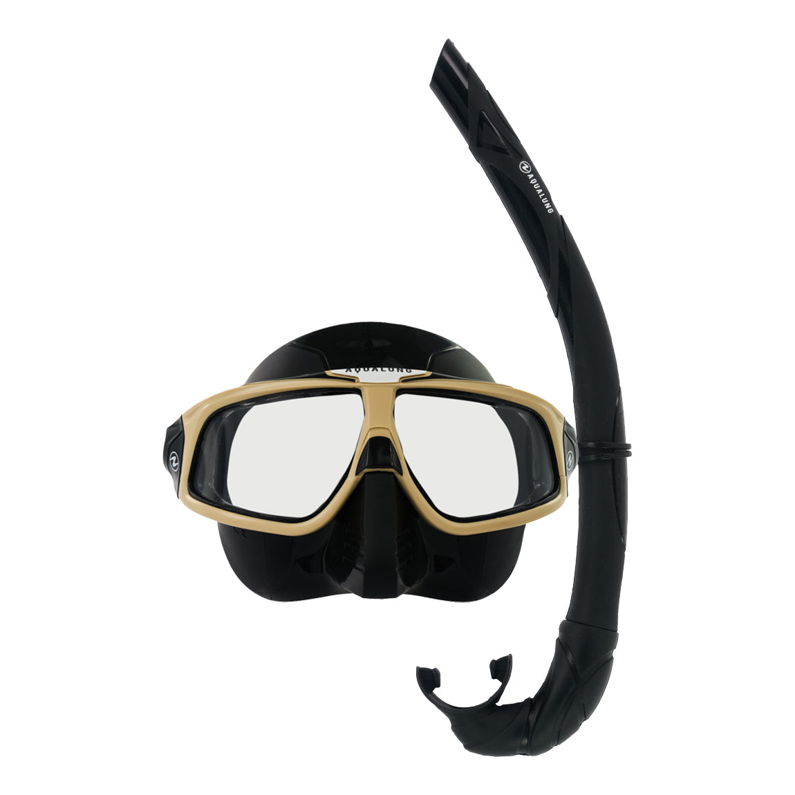 Component montage on white: Sphera X mask in black and sand and Wrap snorkel in black.