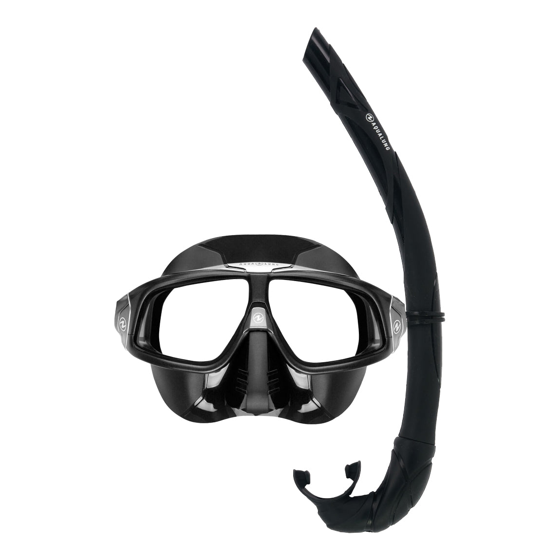 Component montage on white: Sphera X mask in black and Wrap snorkel in black.