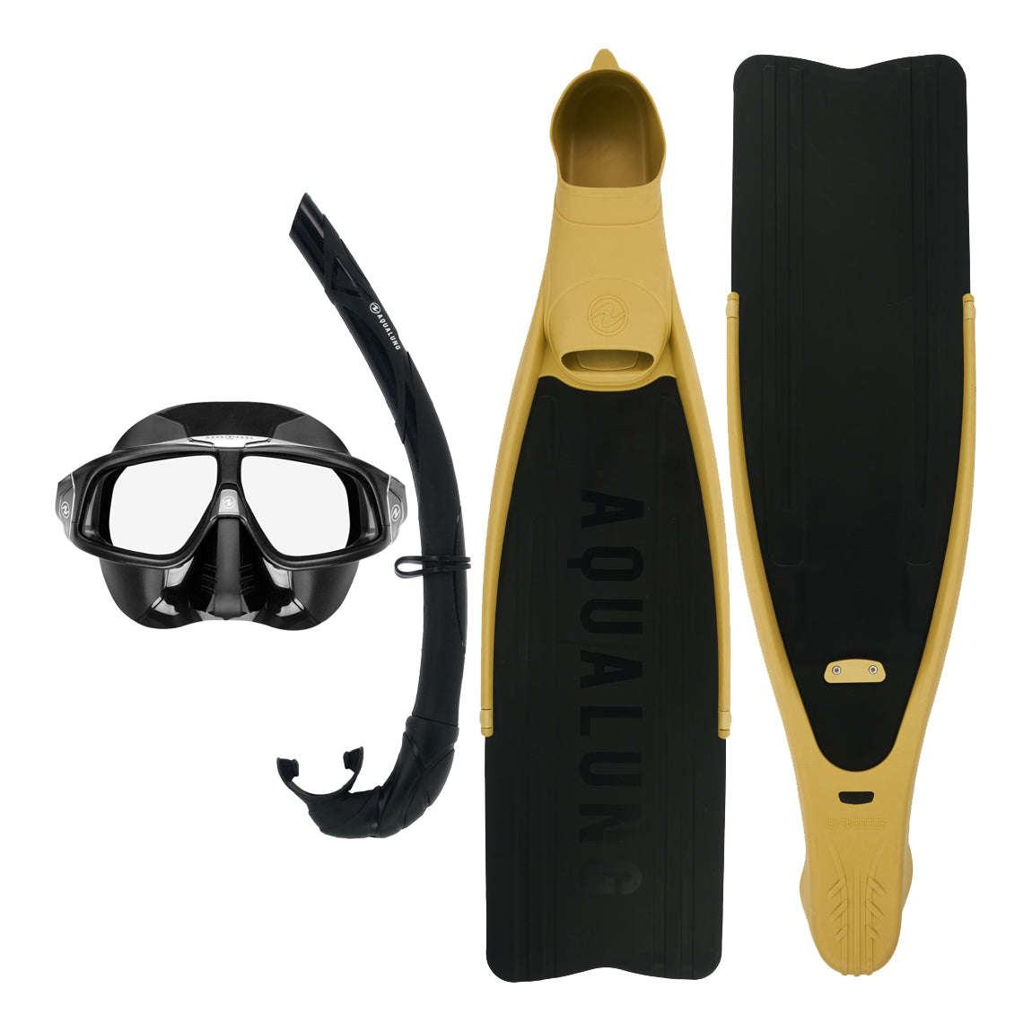 Component montage on white: Cyclone X fins in sand, Sphera X mask in black and Wrap snorkel in black.