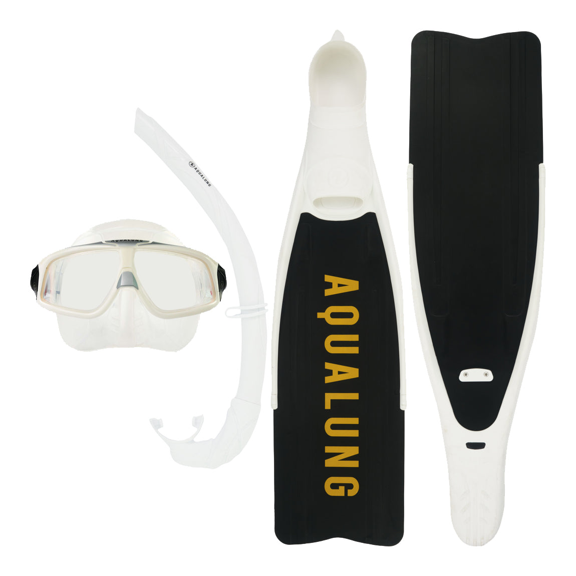 Component montage on white: Cyclone X fins in white, Sphera X mask in white and Wrap snorkel in white.