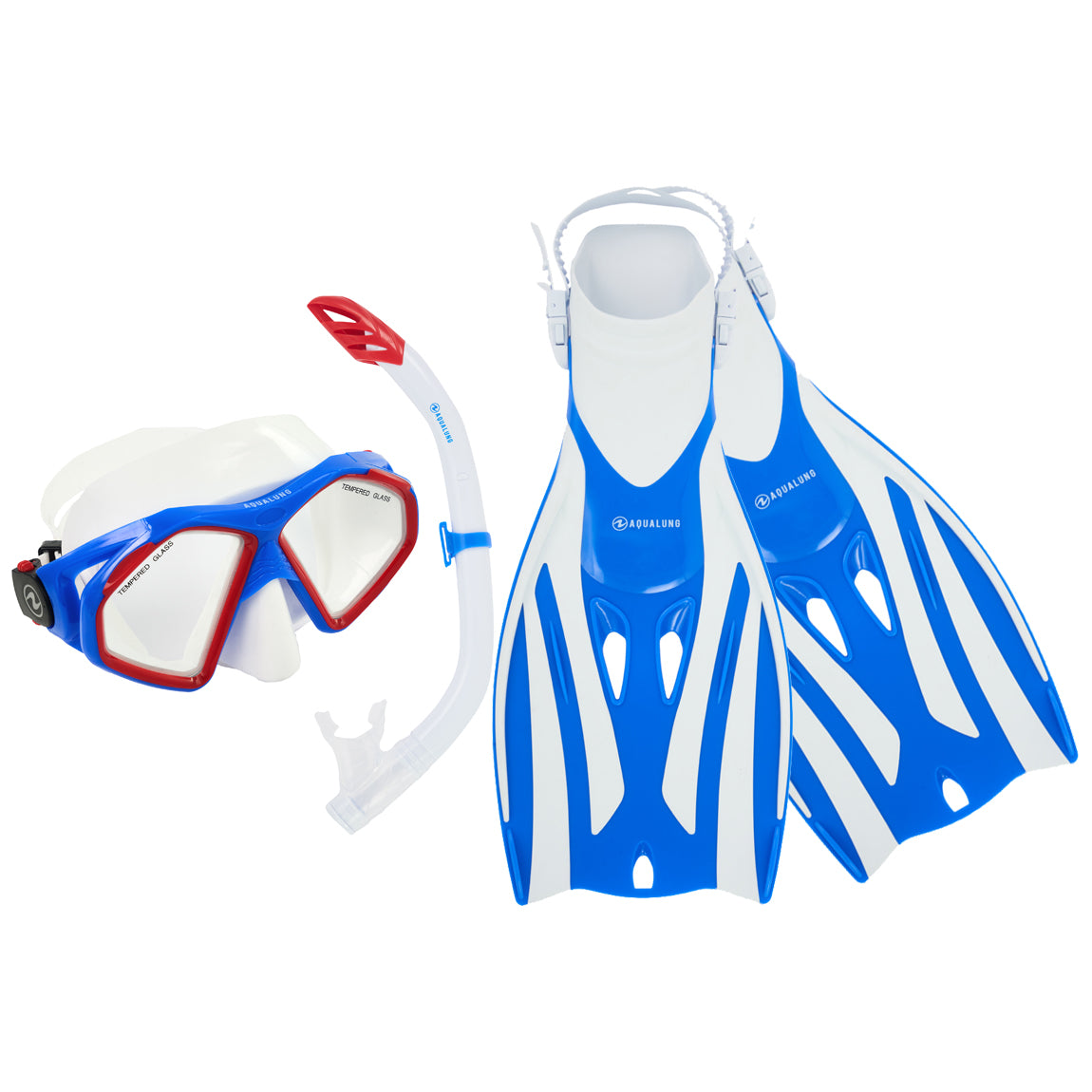 Component montage on white: Fizz adult fins in blue, Hawkeye mask in blue and white and Pike snorkel.