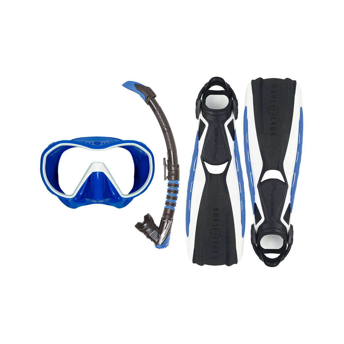 Component montage on white: Phazer fins in blue and white, Plazma mask in blue and Zephyr Flex snorkel in black and blue.