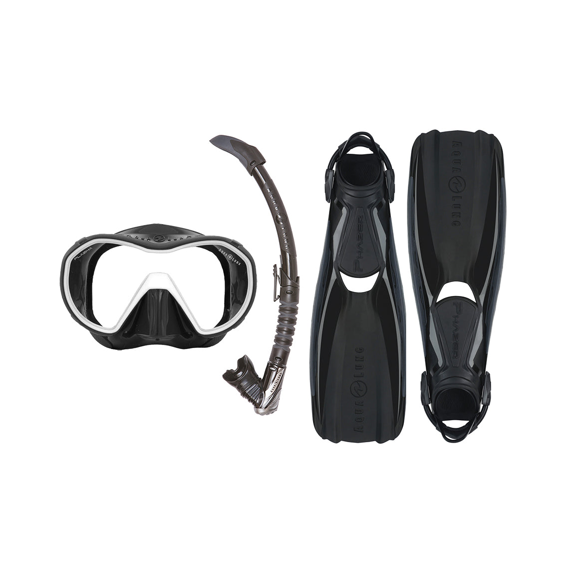 Component montage on white: Phazer fins in black, Plazma mask in black and white and Zephyr Flex snorkel in black.