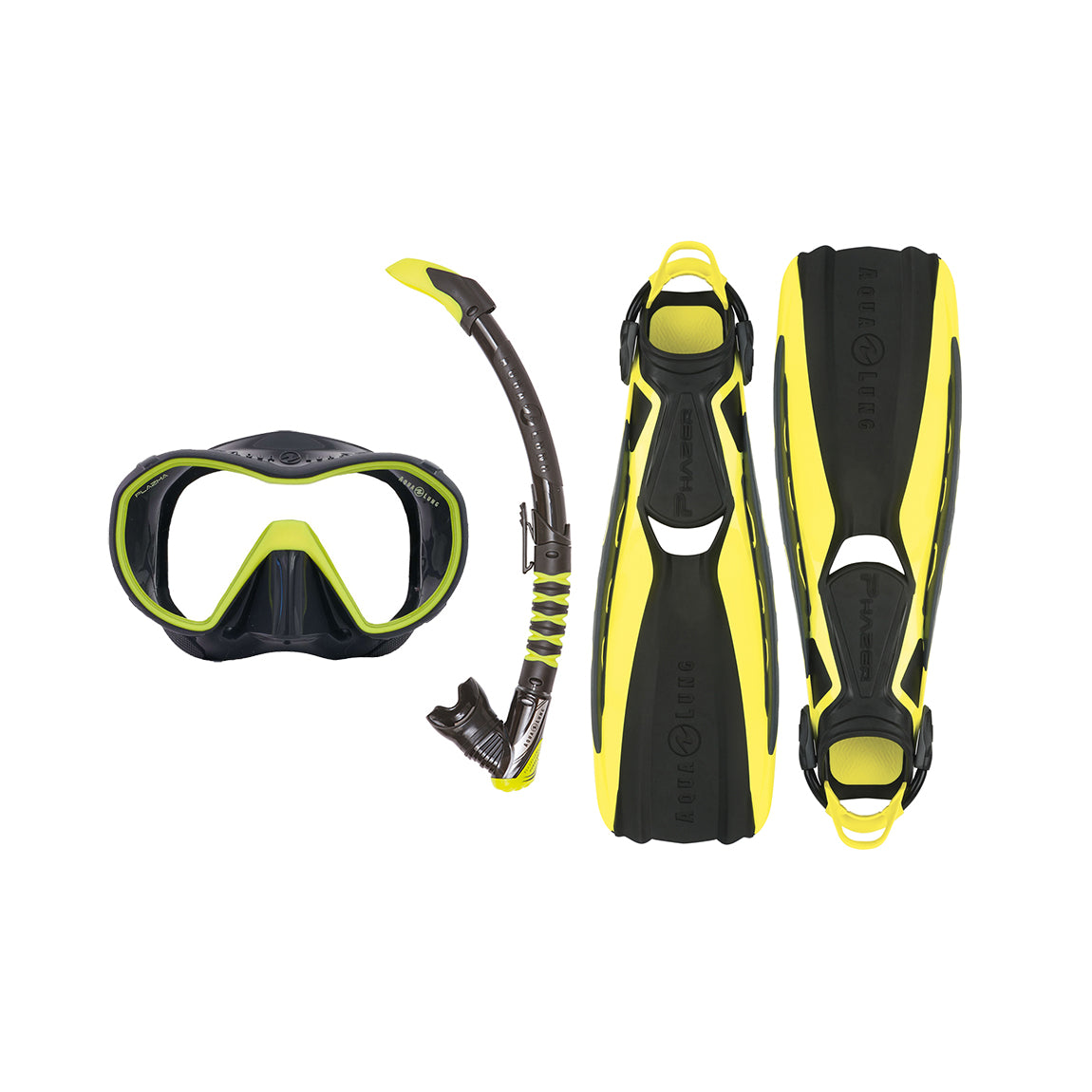 Component montage on white: Phazer fins in yellow and black, Plazma mask in asphalt and yellow and Zephyr Flex snorkel in black and lime.