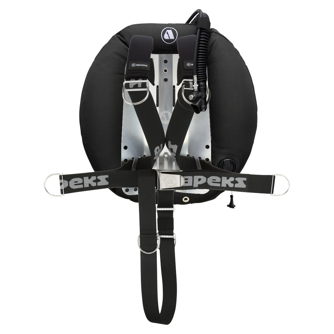 Studio photograph of the assembled Apeks WTX-D40T twinset donut wing on a stainless steel backplate with the Deluxe harness threaded through it.