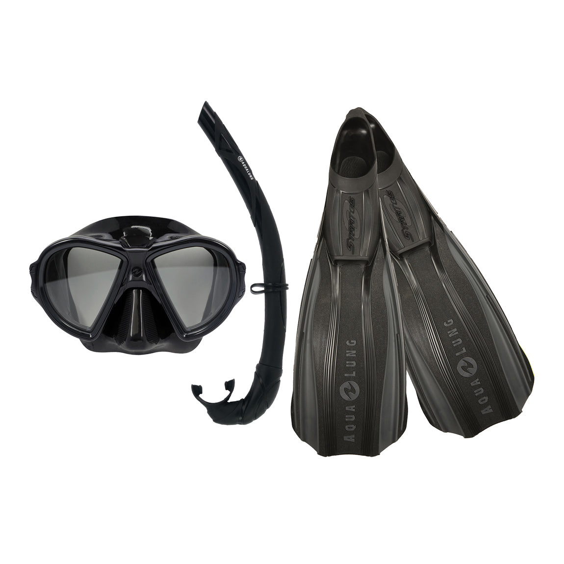 Component montage on white: Stratos 3 fins in black, Duetto mask in black and Wrap snorkel in black.