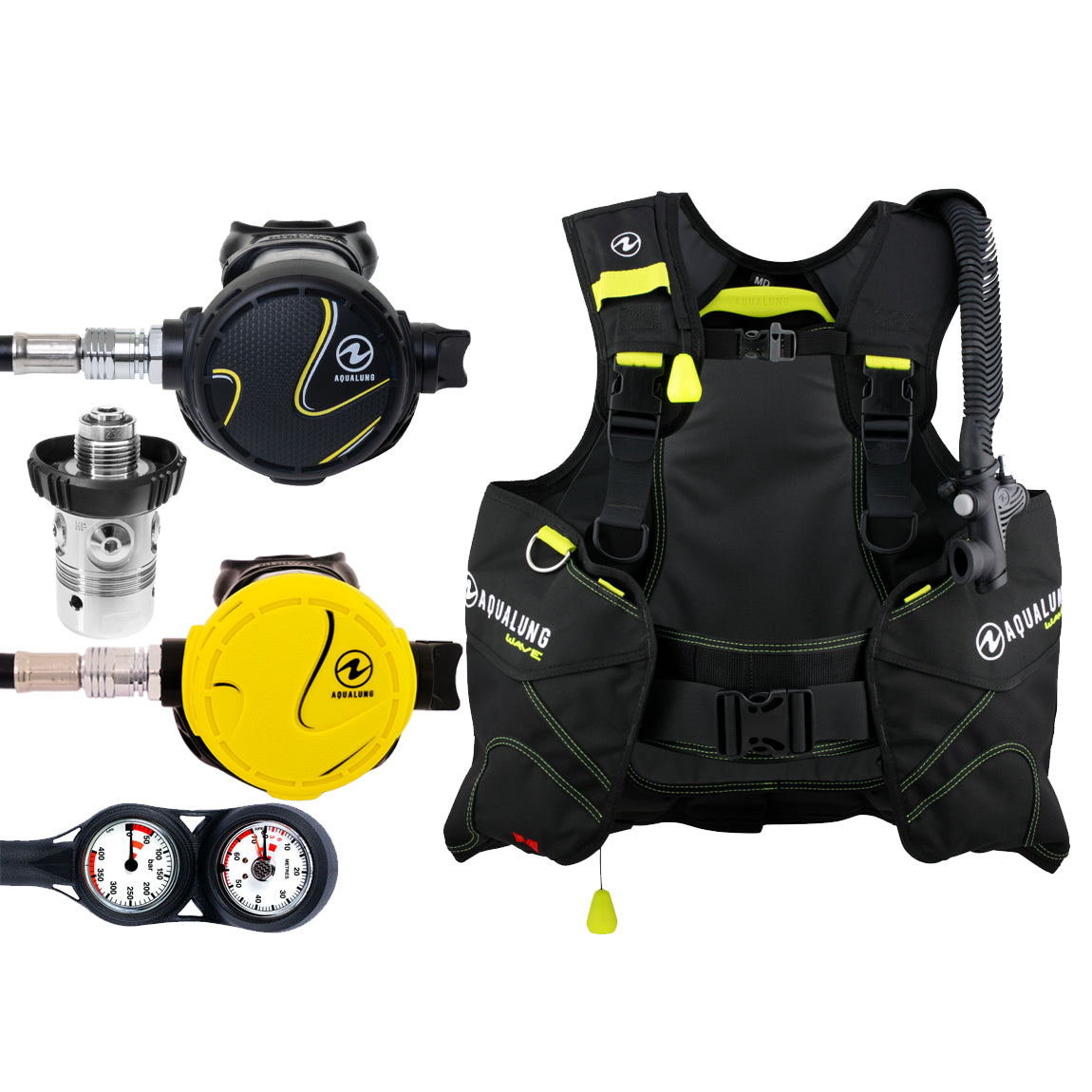 Component montage on white: the Aqua Lung Calypso regulator, the yellow Calypso octopus and a twin-dial Combo 2K console, beside the Wave buoyancy compensator in black and lime.
