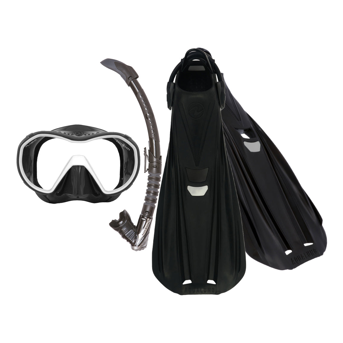 Component montage on white: Storm Max fins in black, Plazma mask in black and white and Zephyr Flex snorkel in black.