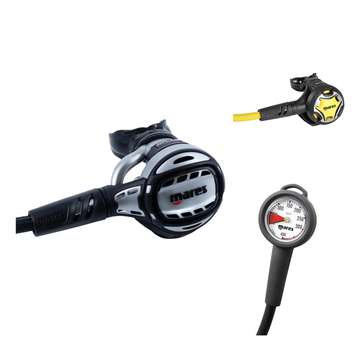 Mares Atlas 62X regulator in silver and black, Dual octopus in black and yellow, and MR-1 pressure gauge in a black console