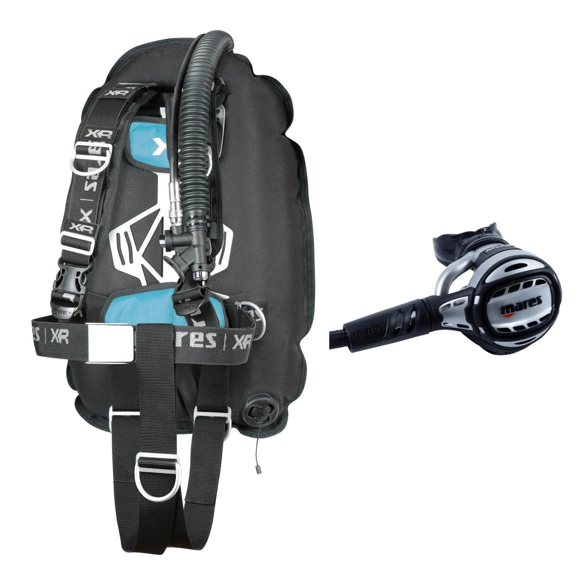 Mares XR-Rec Trim single backmount set in black with aqua padding and Atlas 62X regulator in silver and black