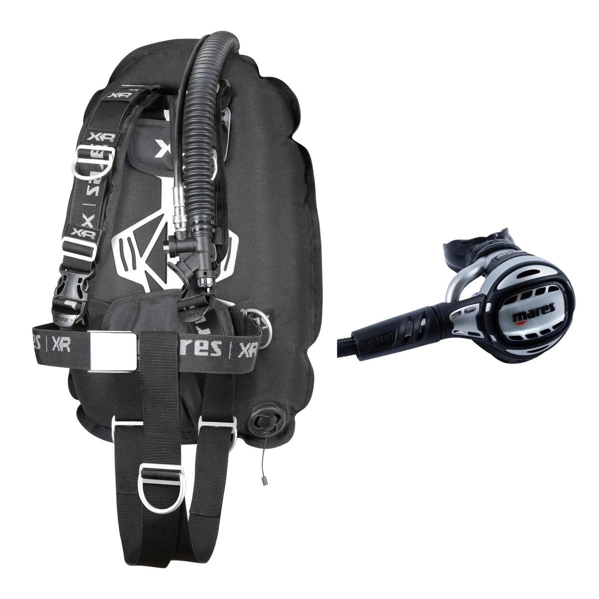 Mares XR-Rec Trim single backmount set in black and Atlas 62X regulator in silver and black