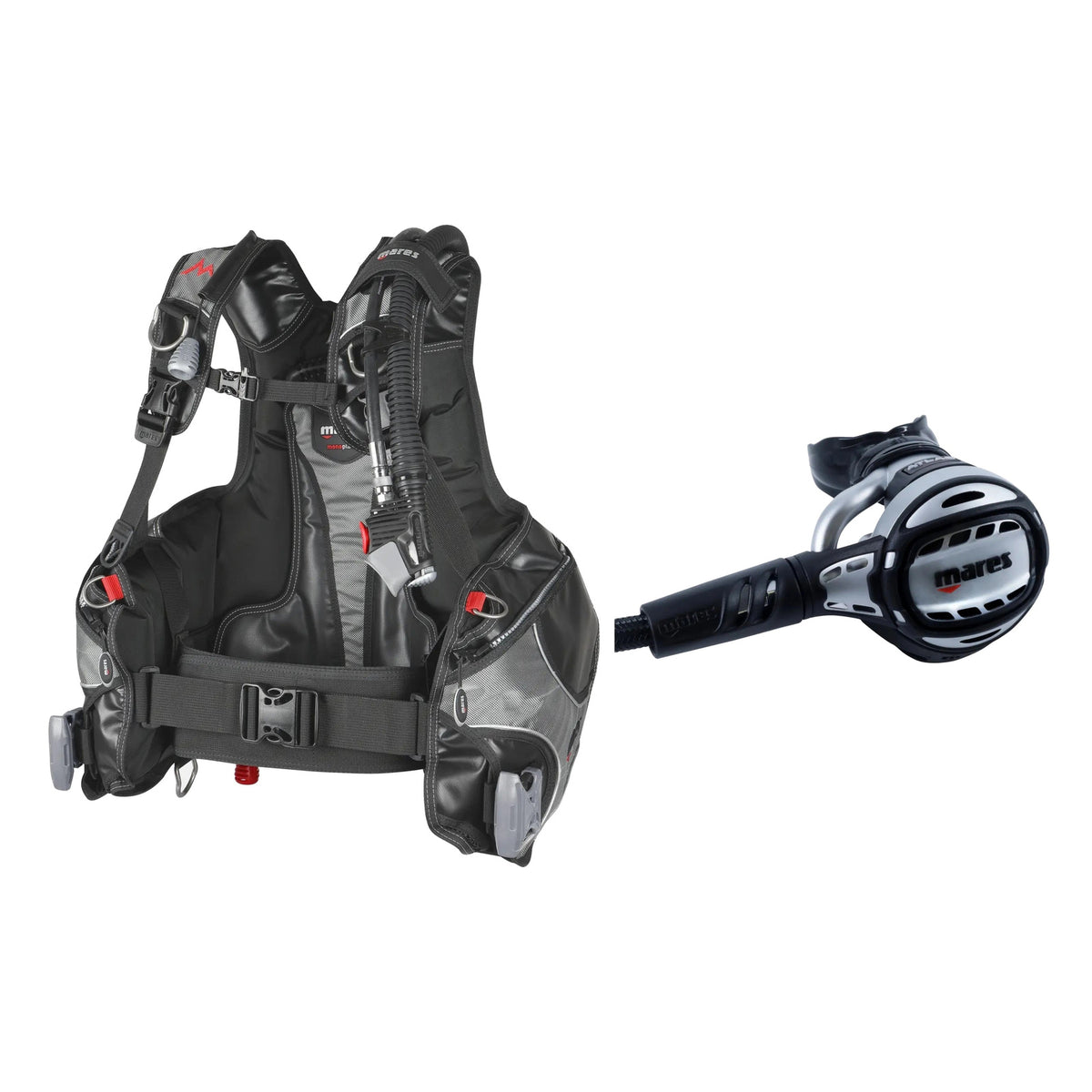 Mares Rock Pro BCD in black and grey and Atlas 62X regulator in silver and black